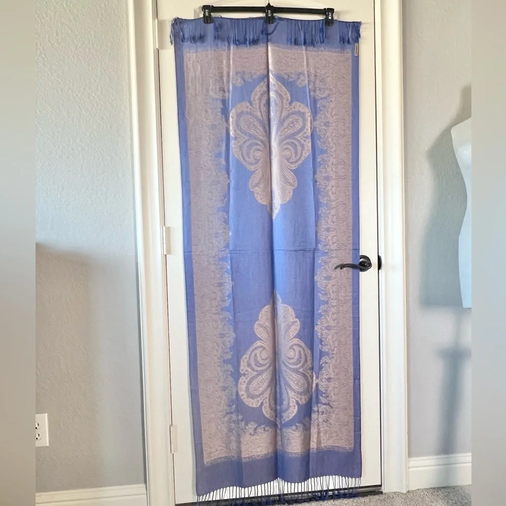 Vintage Blue Gold Paisley Pashmina Wrap Scarf Jacquard Shawl Fall Travel